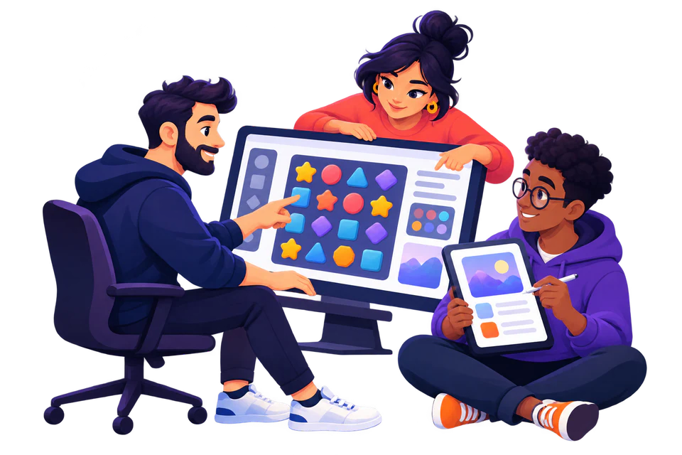 Miu Games team collaborating on a puzzle game and mobile app